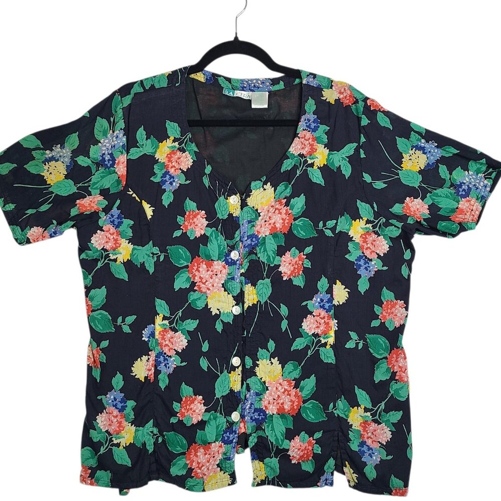 Vintage Floral Blouse XL Women’s Midnight Blue Button Up Short Sleeve V Neck Top